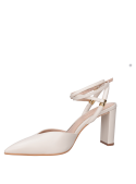 Zapato de salón blanco de cuero con taco bloque y punta puntiaguda para mujer, ideal para atuendos formales.