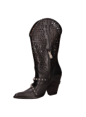 Bota de cuero negro para mujer con punta puntiaguda y taco bloque, ideal para un look urbano-elegante.