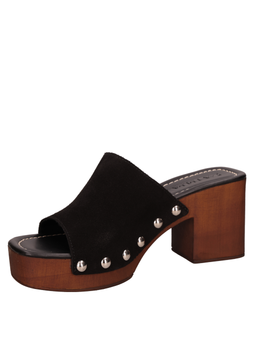 Sandalia negra de cuero con taco bloque y punta abierta, ideal para un look casual y elegante. Sandalia negra de cuero con taco bloque y punta abierta, ideal para un look casual y elegante.