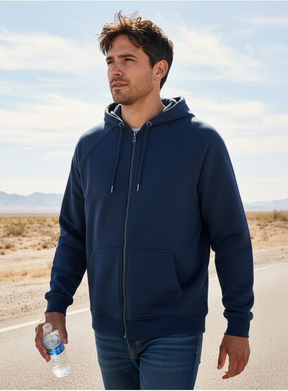 Polerón azul de hombre en algodón y poliéster, ideal para un estilo casual.