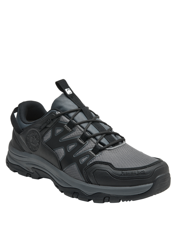 Zapatilla de trekking gris unisex, confeccionada con material sintético resistente al agua.