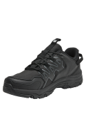 Zapatilla outdoor unisex negra con diseño robusto, ideal para trekking y senderismo.
