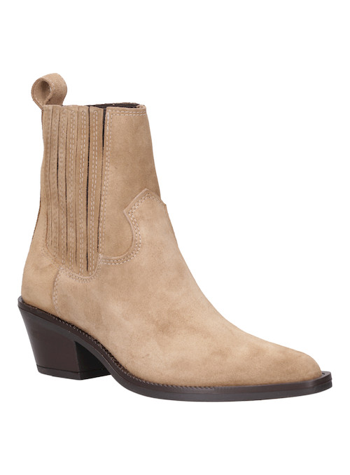 Botín de cuero taupe para mujer, punta puntiaguda, recomendado para salidas nocturnas.