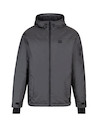 Vista detallada de la capucha ajustable de la parka gris para hombre.