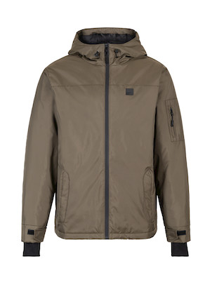 Parka de nylon resistente en tono oliva, con capucha ajustable para mayor comodidad.