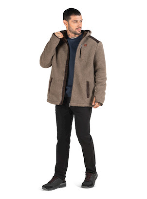 Chaqueta casual taupe para hombre, con diseño híbrido de vellón grueso jaspeado en beige y crema.
