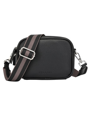 Bandolera negra de mujer estilo casual, material PU graneado con correa deportiva en contraste gris y blanco.