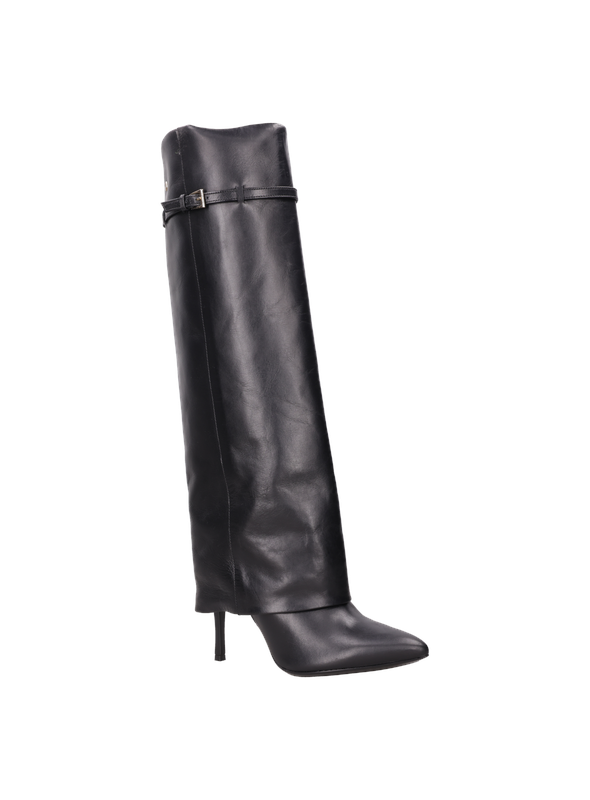 Bota de cuero negro para mujer, diseñada para complementar vestidos ajustados y pantalones de sastre.
