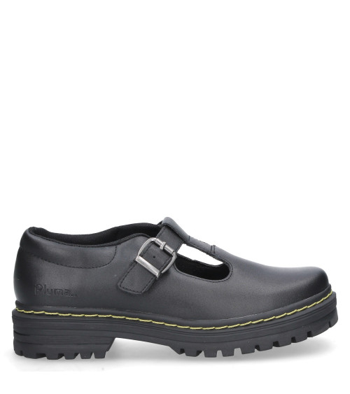 Zapato negro estilo Mary Jane para mujer, con correa ajustable y hebilla lateral, ideal para un look colegial clásico.
