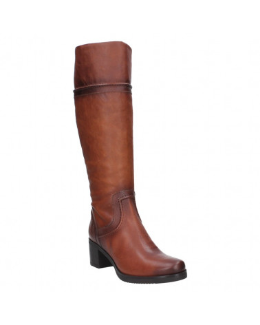 Bota de cuero café para mujer, estilo casual y clásico, caña alta hasta la rodilla, ideal para el invierno.