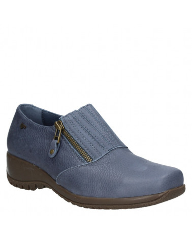 Zapato azul casual de cuero para mujer, versátil y estilizado, con banda elástica y cierre lateral moderno.