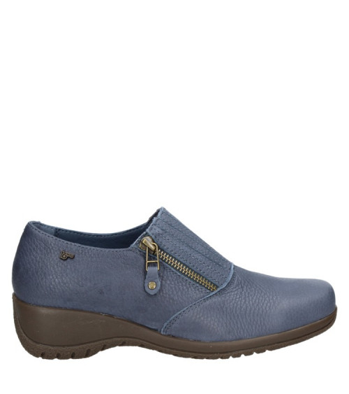Zapato azul casual de cuero para mujer, versátil y estilizado, con banda elástica y cierre lateral moderno.