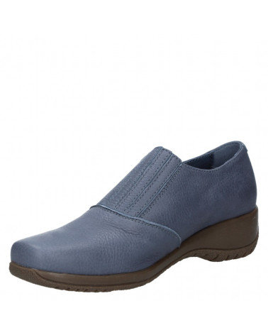 Zapato azul de cuero para mujer, estilo casual, con banda elástica sobre el empeine y cierre decorativo lateral.