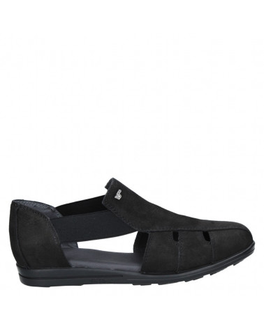 Sandalia casual de cuero negro para mujer, diseño liviano y cómodo.