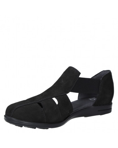 Sandalia negra de cuero para mujer, estilo casual, taco plano de 2 cm.