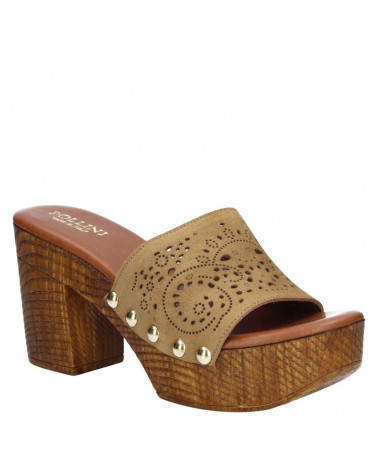 Sandalia camel de cuero para mujer, estilo casual con taco bloque de 8 cm.
