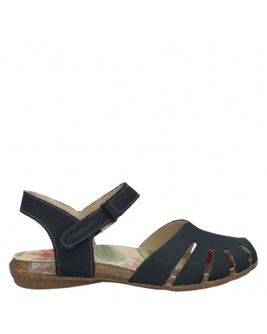 Sandalia casual de cuero azul para mujer con punta semi-cerrada, adecuada para actividades cotidianas en climas cálidos.