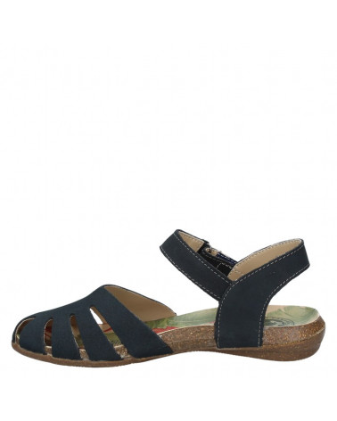 Sandalia de cuero azul para mujer con correa ajustable de velcro en el talón, perfecta para paseos y reuniones informales.