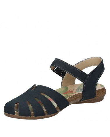 Sandalia azul de cuero para mujer con tiras anchas cruzadas en el empeine, ideal para un look casual y bohemio.