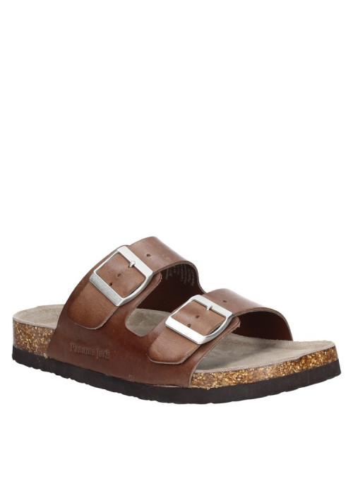 Sandalia casual de cuero café para mujer, estilo normcore, tiras anchas con hebillas y suela cómoda con detalles tipo corcho.