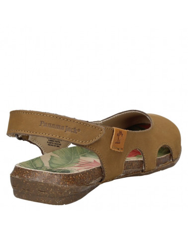 Sandalia de cuero camel para mujer, costuras visibles y elegantes, ideal para combinar con ropa veraniega.