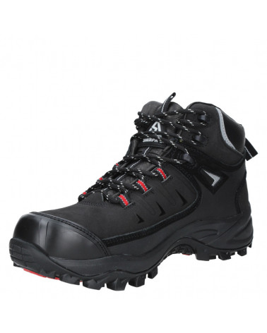 Calzado de seguridad negro unisex con detalles de costura visibles y elementos geométricos, moderno y dinámico.