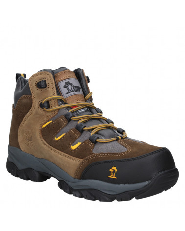 Zapato de seguridad beige, cuero, hombre, resistente a impactos y desgarres.