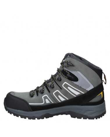 Botín gris de seguridad masculino, diseñado para actividades en la naturaleza, ofrece protección y tracción en climas fríos.