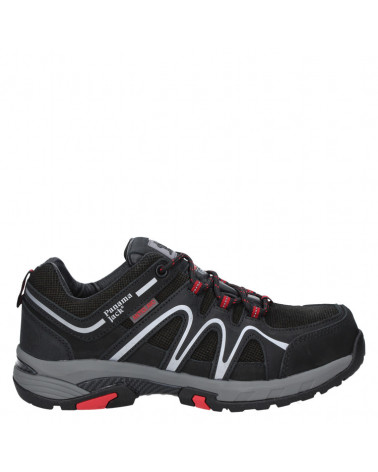 Calzado negro masculino de seguridad con líneas estilizadas en el costado, sujeción mejorada para terrenos irregulares.