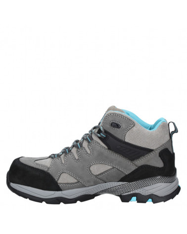 Botín gris de seguridad para mujer, adecuado para caminatas urbanas o senderismo, ofreciendo soporte y tracción.