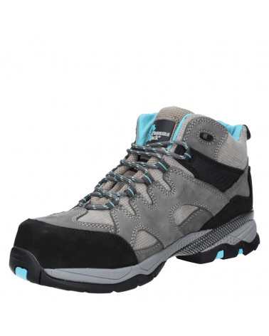 Zapato de trekking gris para mujer, perfecto para combinar con ropa deportiva o casual en terrenos irregulares.