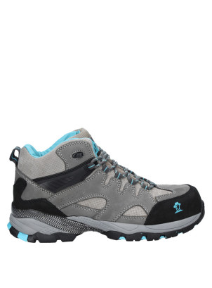 Zapato de Seguridad Mujer - WATER RESISTANT Calzado gris resistente con costuras visibles y refuerzos en punta y talón, ideal para actividades al aire libre.