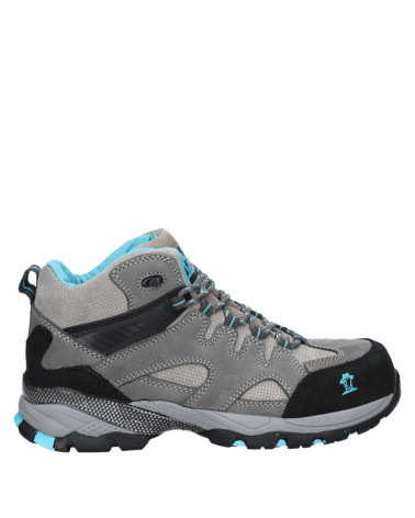 Botín deportivo gris de mujer con cuello acolchado para comodidad en el tobillo y suela gruesa texturizada.