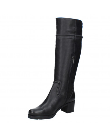 Bota de cuero negro para mujer, diseño atemporal y versátil, ideal para invierno, proporcionando calor y sofisticación.