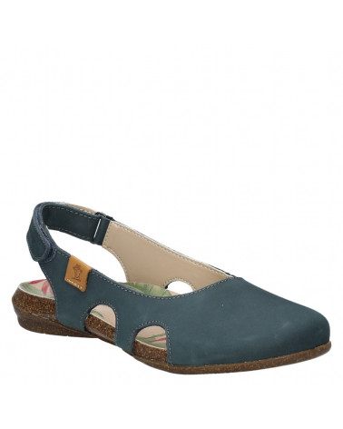 Sandalia casual azul de cuero para mujer, con correa ajustable en el talón, perfecta para paseos por la ciudad.