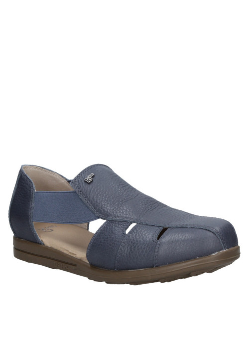 Sandalia de cuero azul con punta redonda, diseño cómodo y ligero.