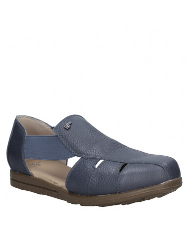 Sandalia de cuero azul con punta redonda, diseño cómodo y ligero.