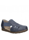 Sandalia de cuero azul con punta redonda, diseño cómodo y ligero.