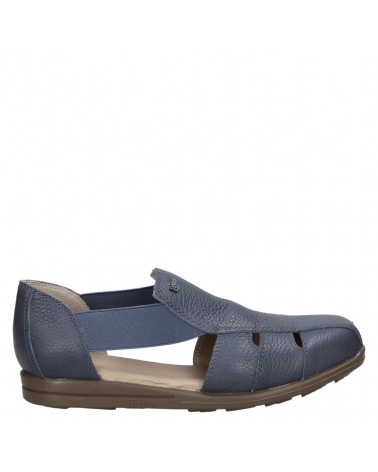 Sandalia azul de cuero para mujer, estilo casual, taco plano de 2 cm.