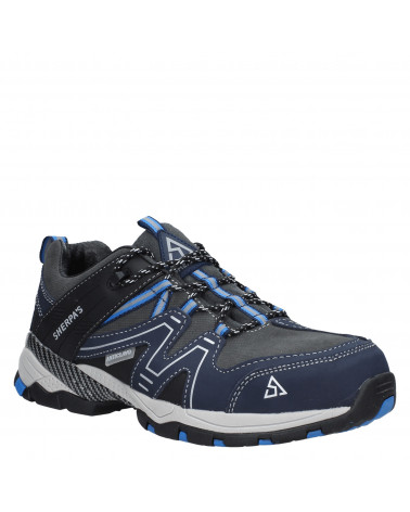 Calzado de seguridad azul masculino, refuerzos en puntera y talón, perfecto para actividades al aire libre.