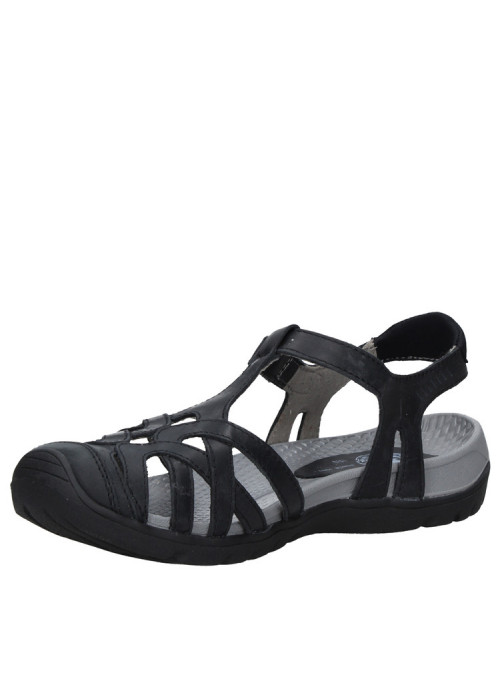 Sandalia utilitaria negra de mujer con puntera cerrada, protección adicional para los dedos en caminatas urbanas. Sandalia utilitaria negra de mujer con puntera cerrada, protección adicional para los dedos en caminatas urbanas.