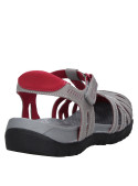 Sandalia gris de cuero para mujer con diseño robusto, ideal para actividades al aire libre, con tiras en el empeine.