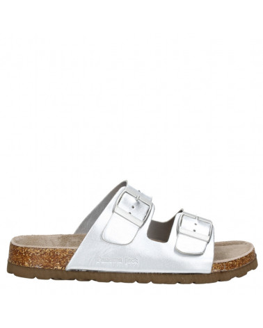 Cómoda sandalia de cuero plata con suela que simula corcho, ideal para actividades que requieren estar de pie.