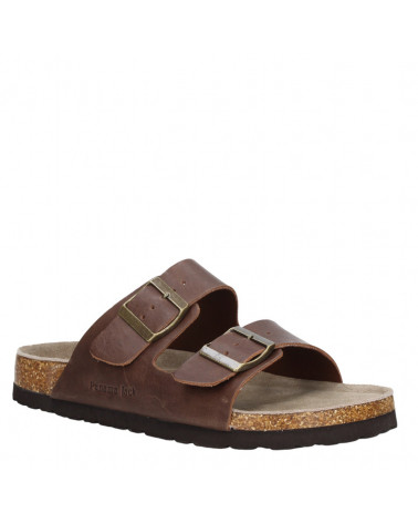 Elegante sandalia de cuero marrón para mujer, versátil para combinar con jeans o vestidos ligeros en climas cálidos.