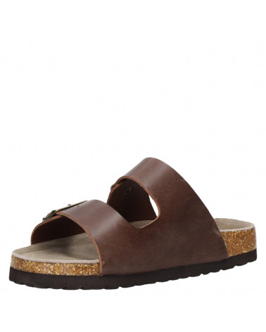 Sandalia marrón de cuero con tiras anchas y hebillas, perfecta para salidas informales y actividades al aire libre.