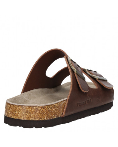 Sandalia de cuero marrón estilo casual para mujer con diseño clásico tipo Birkenstock y hebillas metálicas ajustables.
