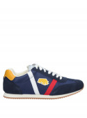Zapatilla azul de cuero y textil para hombre, diseño retro y estiloso.