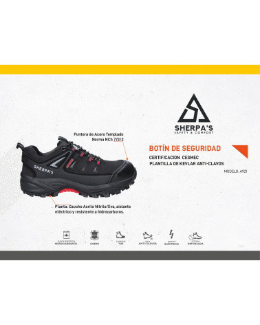 Zapato de seguridad negro para hombre, con diseño robusto y puntera reforzada, ideal para actividades al aire libre.