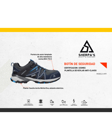 Zapato de seguridad azul para hombre, ideal para trekking, con diseño robusto, costuras decorativas y cordones gruesos.