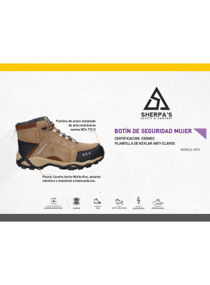 Zapato De Seguridad Mujer Calzado de seguridad camel para mujer, destaca por costuras visibles y detalles geométricos en el lateral.